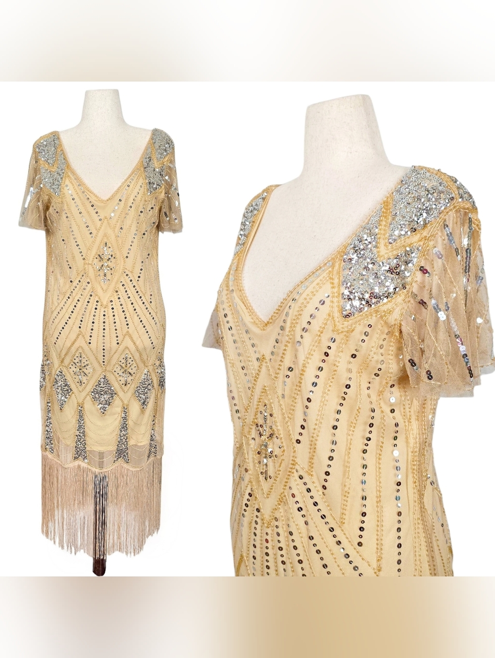 Flapper Dress XXL 1920s Great Gatsby Silver Yellow Fringe Sparkly Sequin Vintage